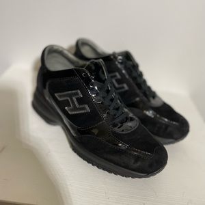 HOGAN WOMENS Interactive Flock black patent and suede sneaker SIZE 38/8